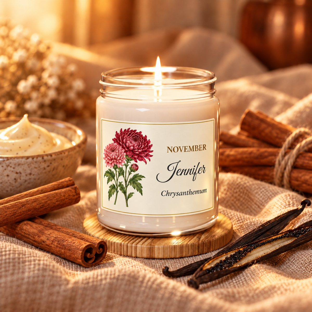 Personalized November birth flower name candle with Chrysanthemum, Cinnamon Vanilla scent