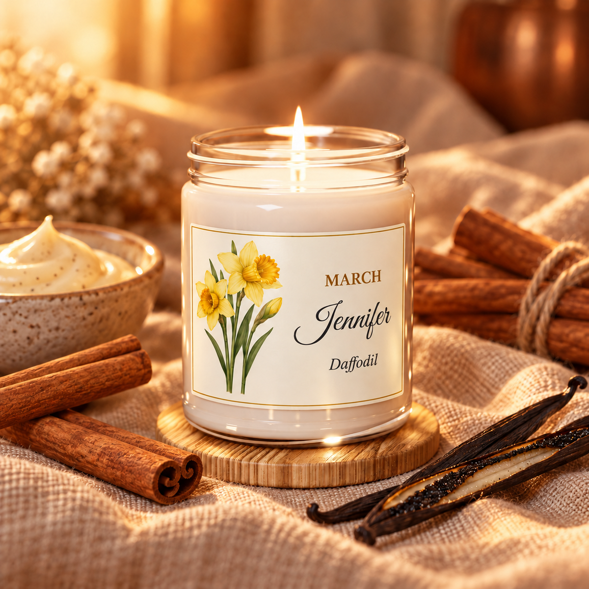 Personalized March birth flower name candle with Daffodil, Cinnamon Vanilla scent