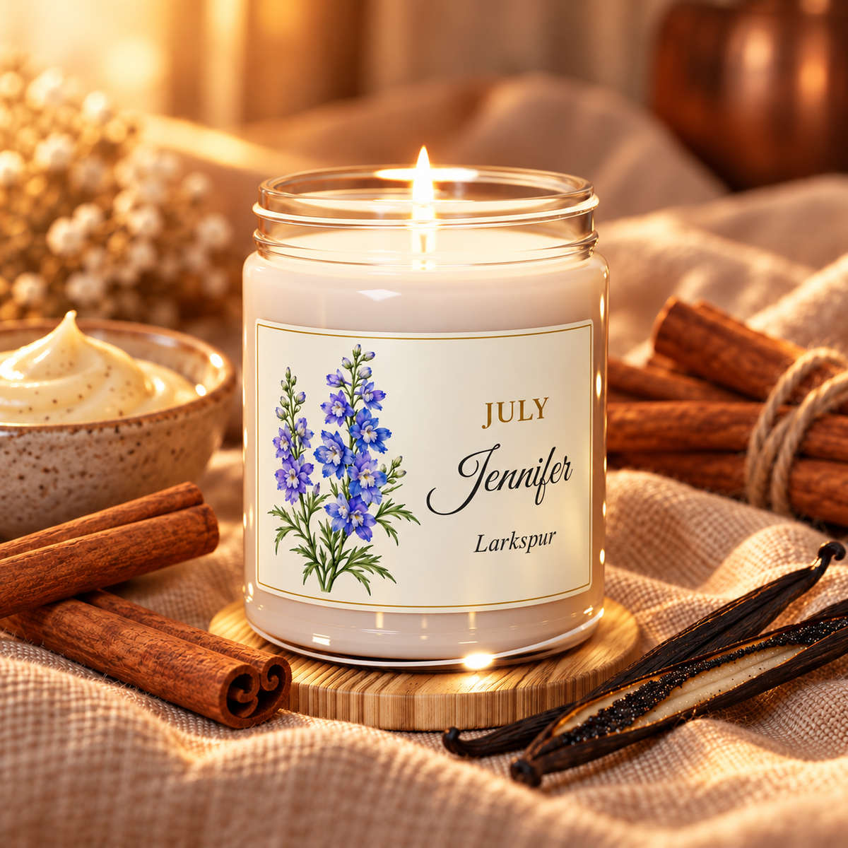 Personalized July birth flower name candle with Larkspur, Cinnamon Vanilla scent