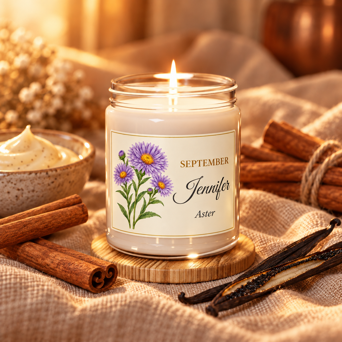 Personalized September birth flower name candle with Aster, Cinnamon Vanilla scent