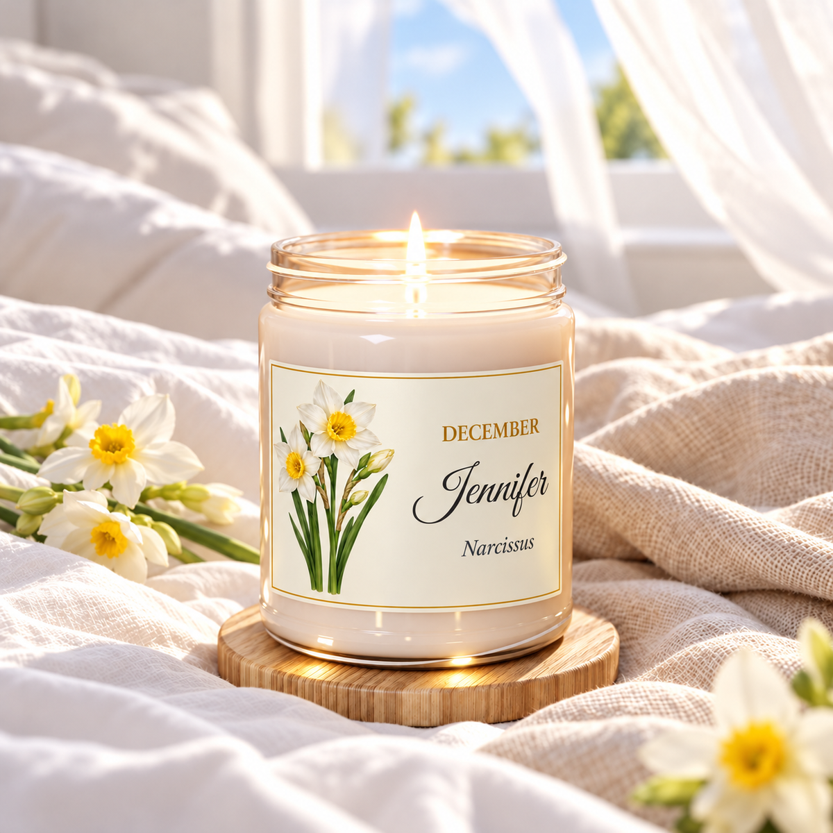 Personalized December birth flower name candle with Narcissus, Clean Cotton scent