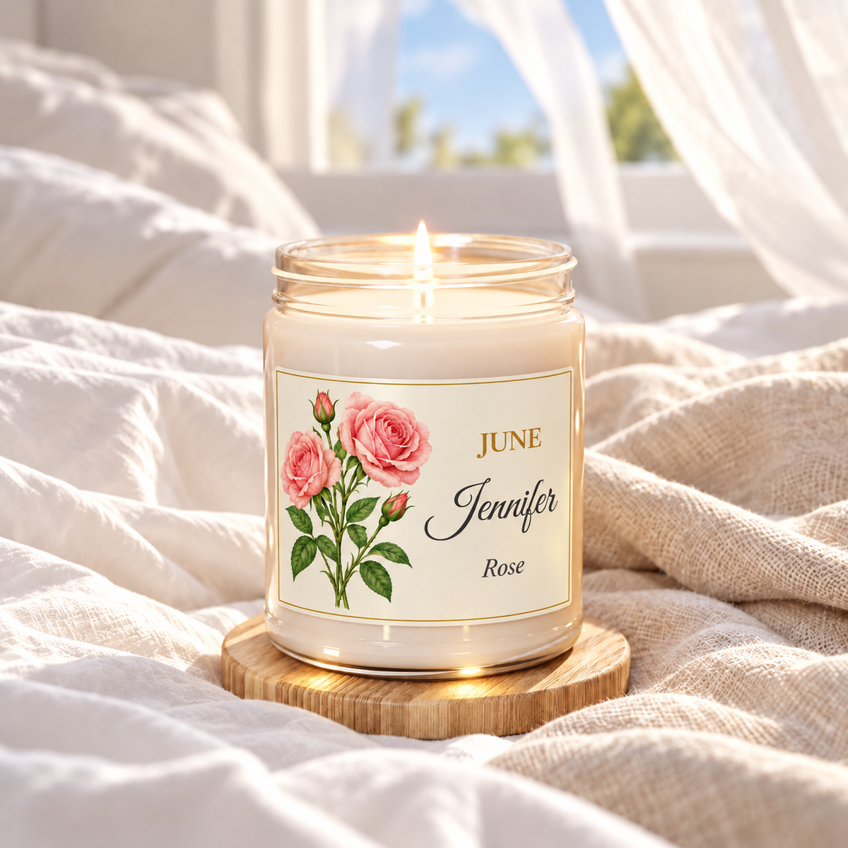 Personalized June birth flower name candle with Rose, Clean Cotton scent