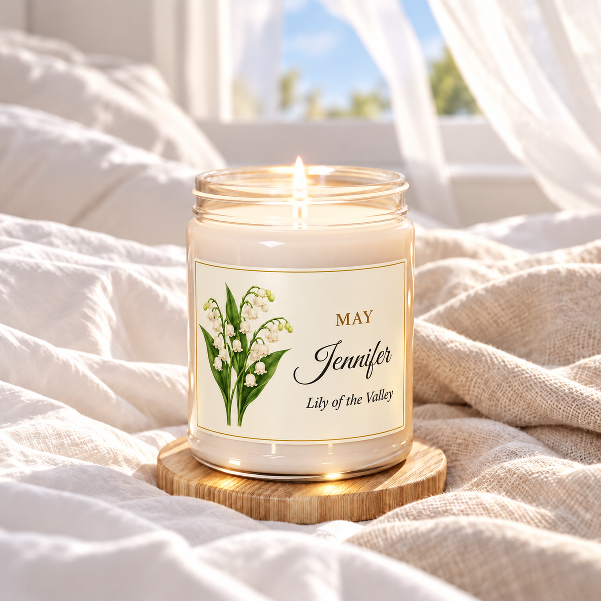 Personalized May birth flower name candle with Lily of the Valley, Clean Cotton scent