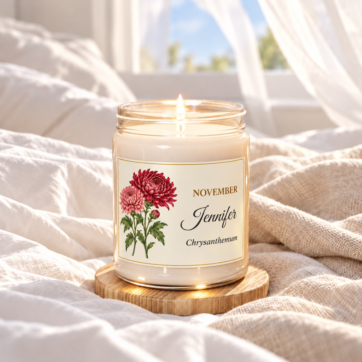 Personalized November birth flower name candle with Chrysanthemum, Clean Cotton scent