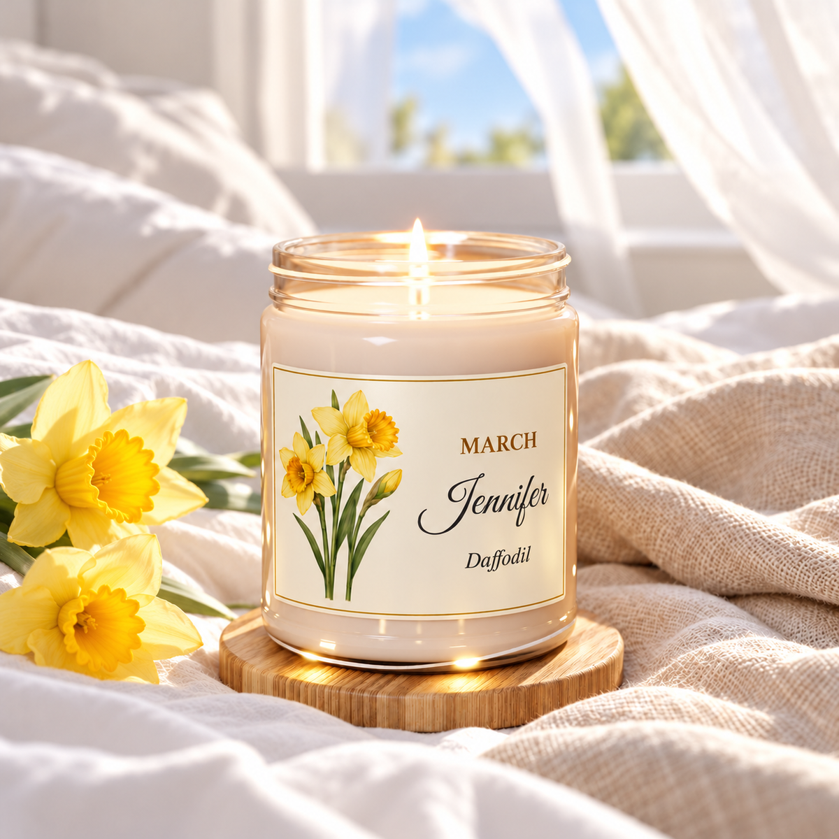 Personalized March birth flower name candle with Daffodil, Clean Cotton scent