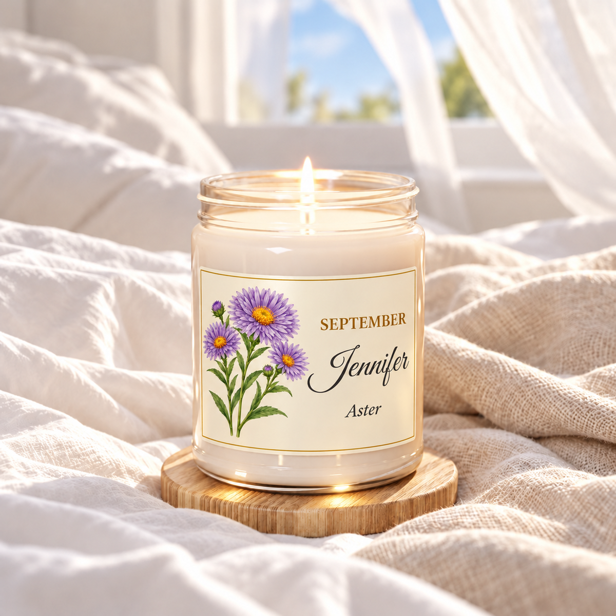 Personalized September birth flower name candle with Aster, Clean Cotton scent