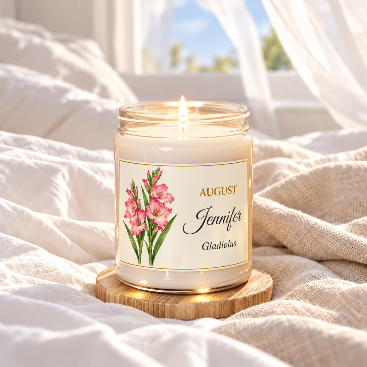 Personalized August birth flower name candle with Gladiolus, Clean Cotton scent