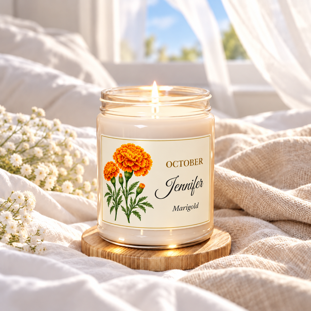 Personalized October birth flower name candle with Marigold, Clean Cotton scent