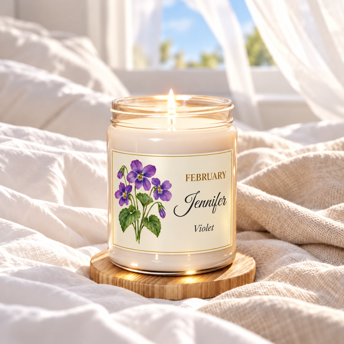 Personalized February birth flower name candle with Violet, Clean Cotton scent