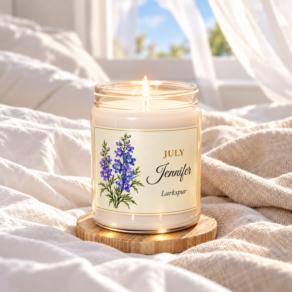 Personalized July birth flower name candle with Larkspur, Clean Cotton scent