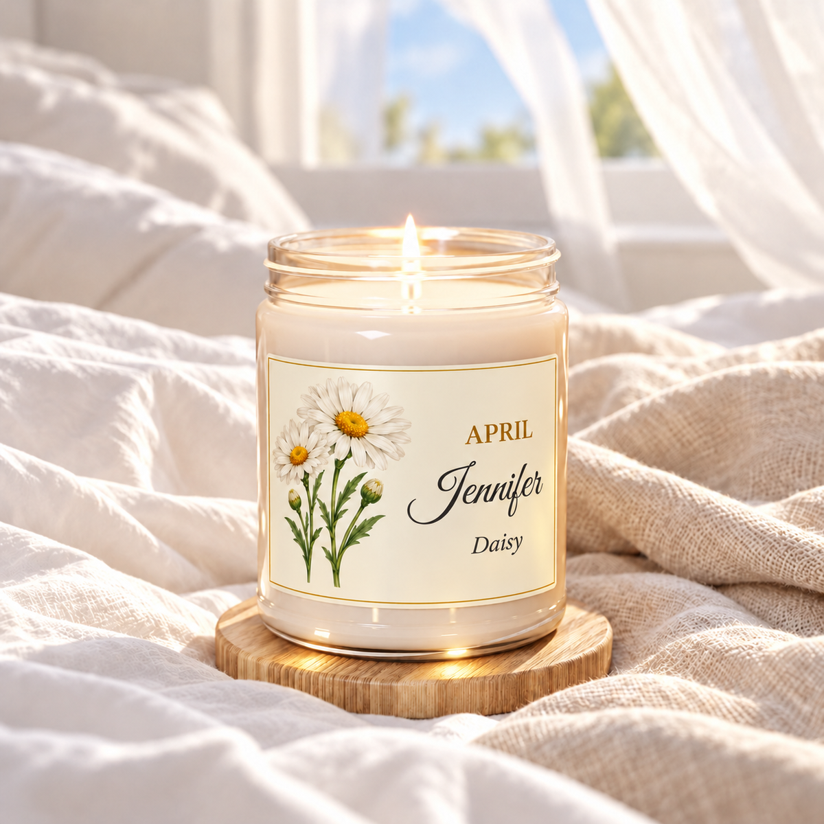 Personalized April birth flower name candle with Daisy, Clean Cotton scent