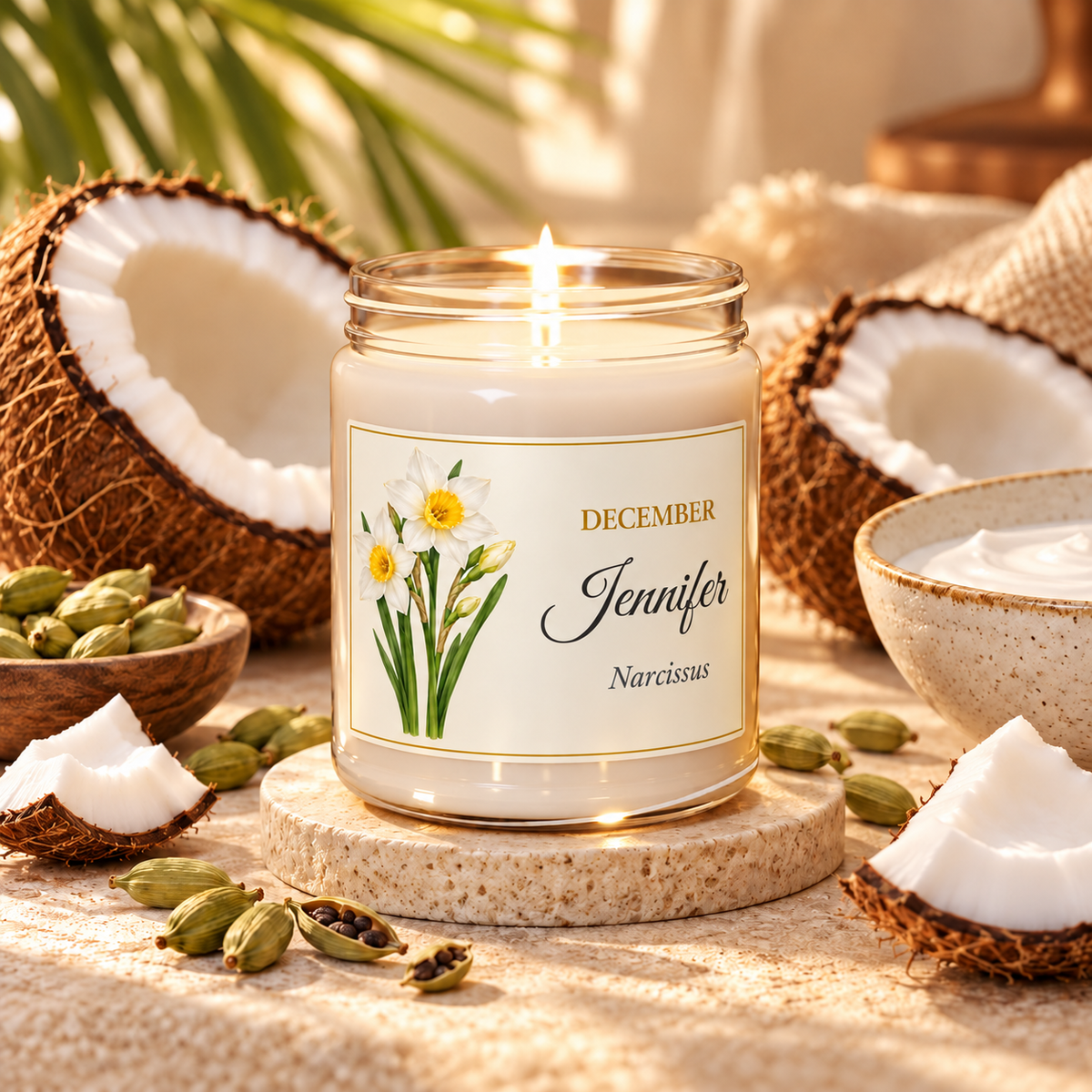 Personalized December birth flower name candle with Narcissus, Coconut Cream + Cardamom scent