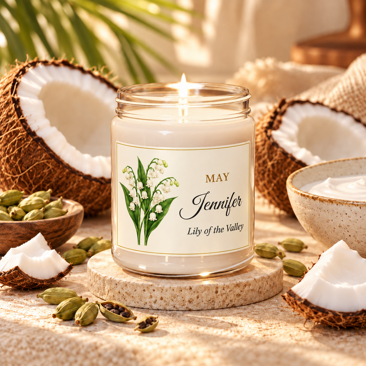 Personalized May birth flower name candle with Lily of the Valley, Coconut Cream + Cardamom scent
