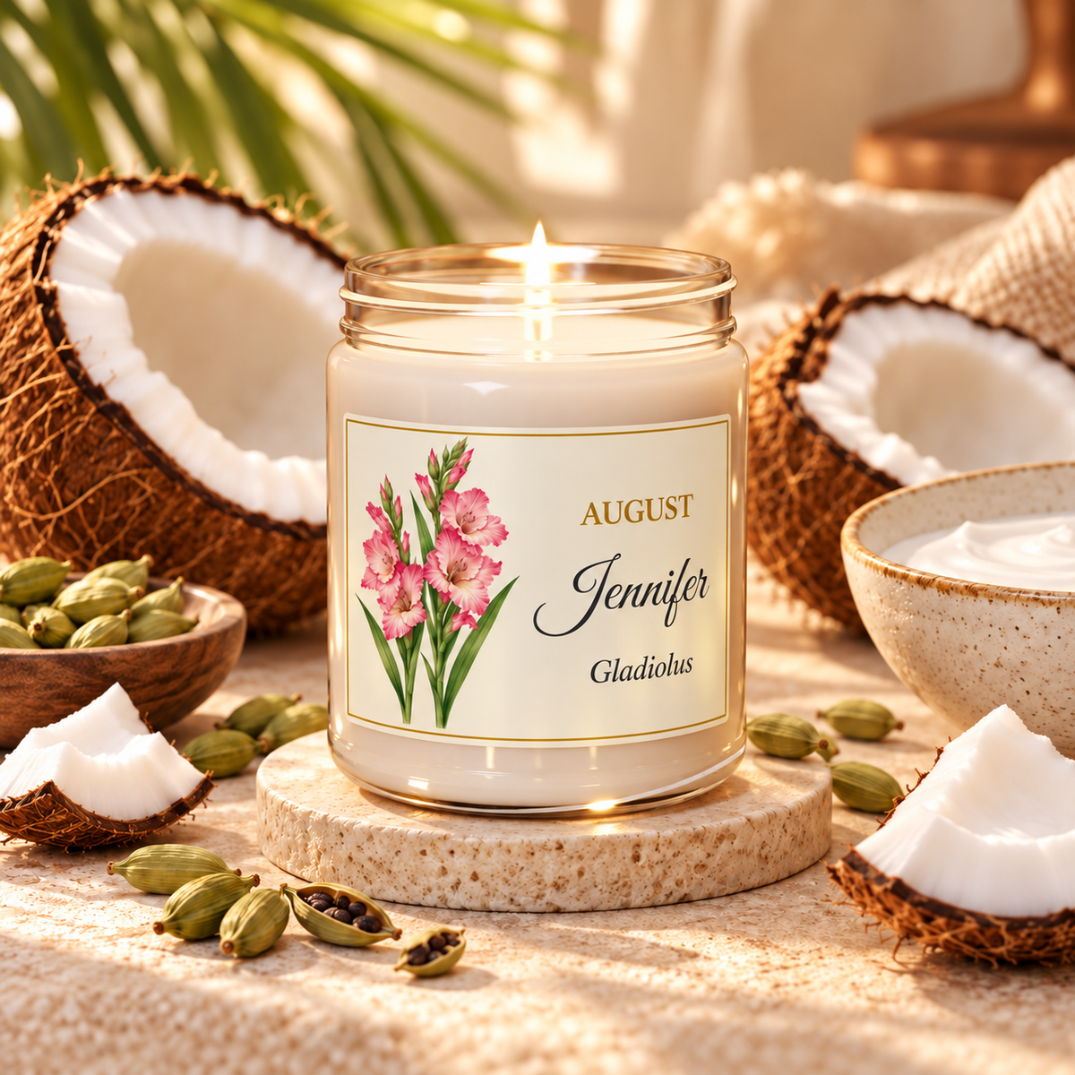Personalized August birth flower name candle with Gladiolus, Coconut Cream + Cardamom scent