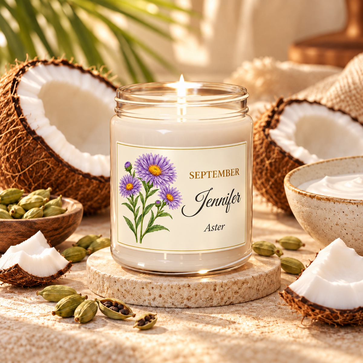 Personalized September birth flower name candle with Aster, Coconut Cream + Cardamom scent