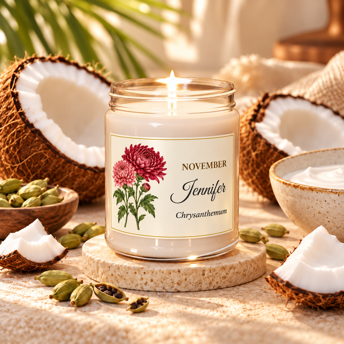 Personalized November birth flower name candle with Chrysanthemum, Coconut Cream + Cardamom scent