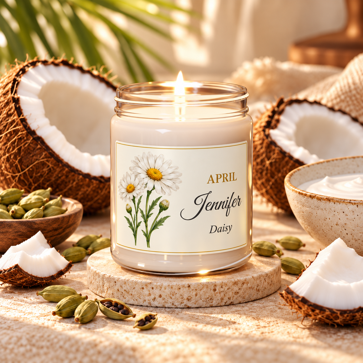 Personalized April birth flower name candle with Daisy, Coconut Cream + Cardamom scent