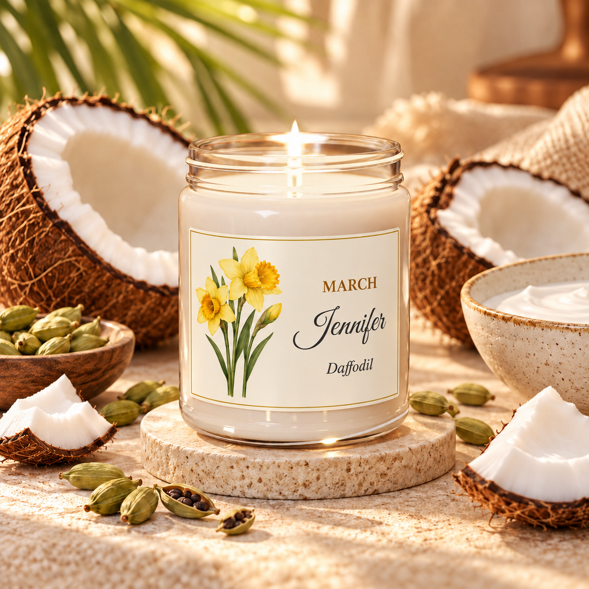 Personalized March birth flower name candle with Daffodil, Coconut Cream + Cardamom scent