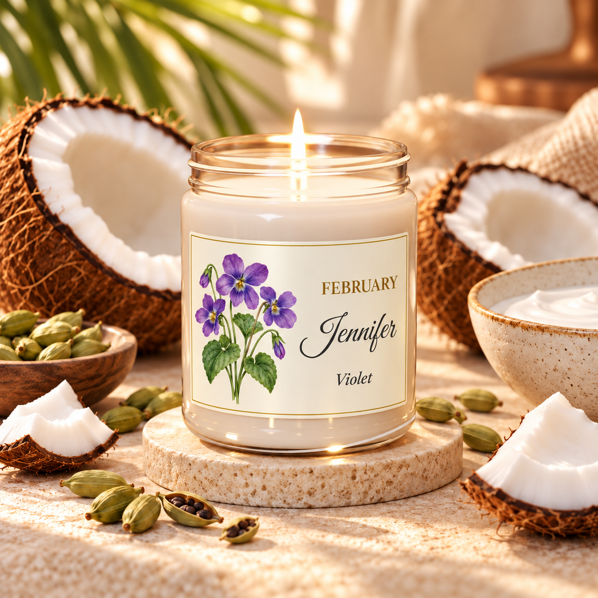 Personalized February birth flower name candle with Violet, Coconut Cream + Cardamom scent