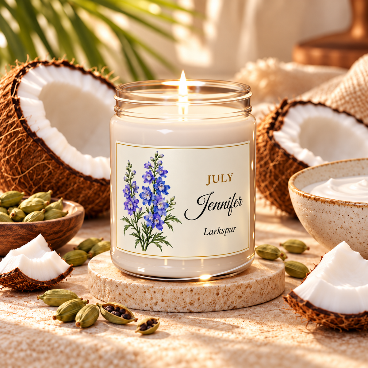 Personalized July birth flower name candle with Larkspur, Coconut Cream + Cardamom scent