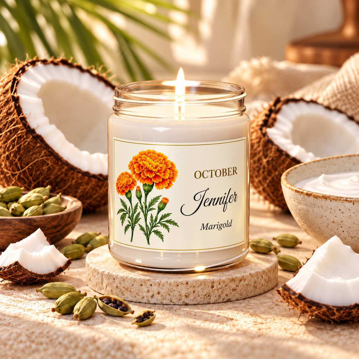 Personalized October birth flower name candle with Marigold, Coconut Cream + Cardamom scent