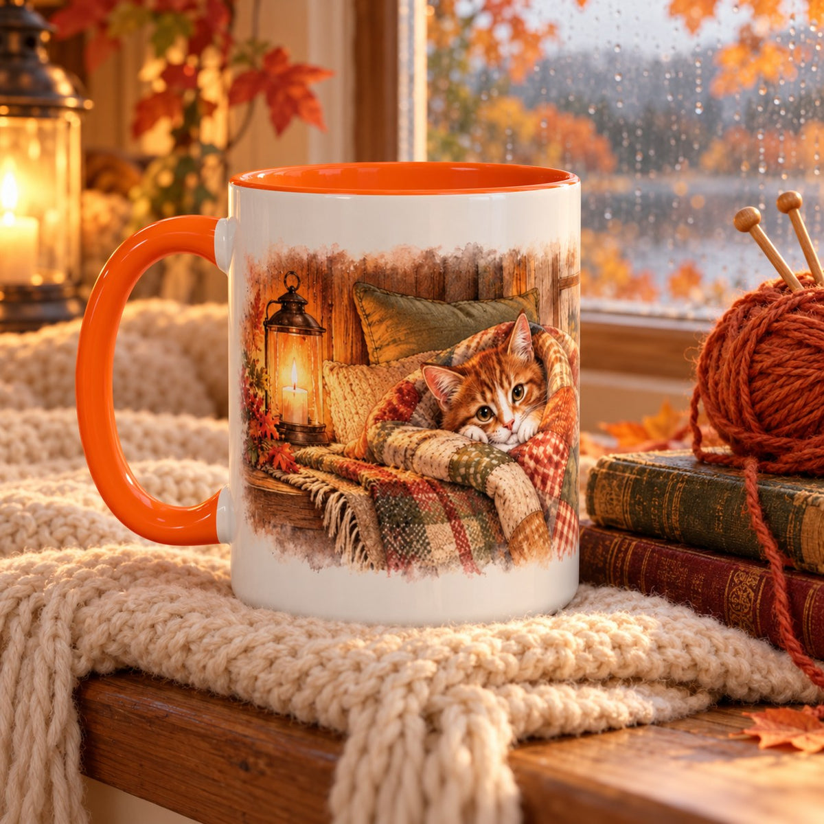 Cottage Cat in Blanket mug, orange inside and handle, 15oz, front view