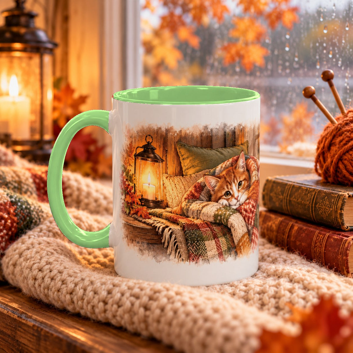 Cottage Cat in Blanket mug, light green inside and handle, 15oz, handle view