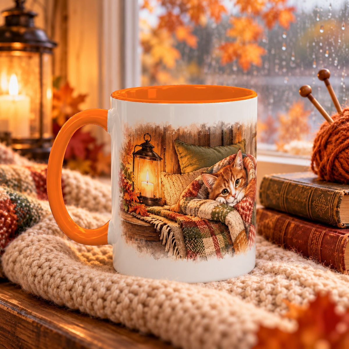 Cottage Cat in Blanket mug, orange inside and handle, 15oz, handle view