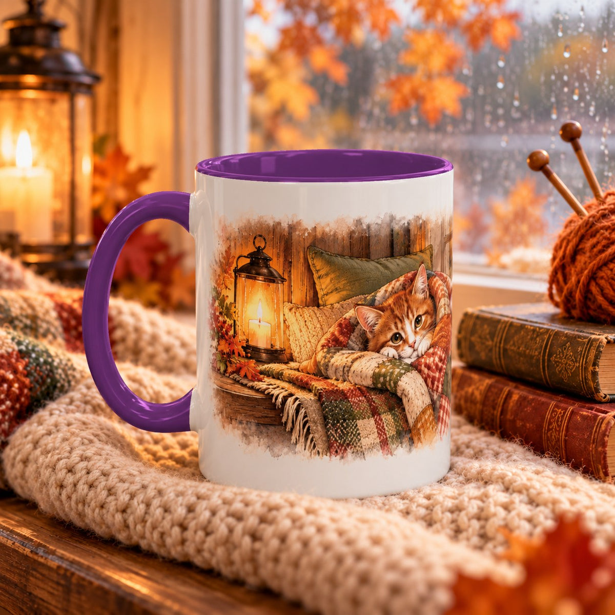 Cottage Cat in Blanket mug, purple inside and handle, 15oz, handle view