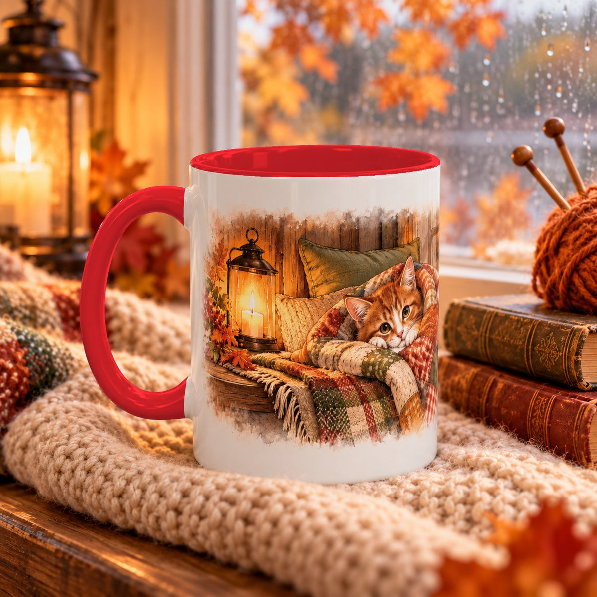 Cottage Cat in Blanket mug, red inside and handle, 15oz, handle view