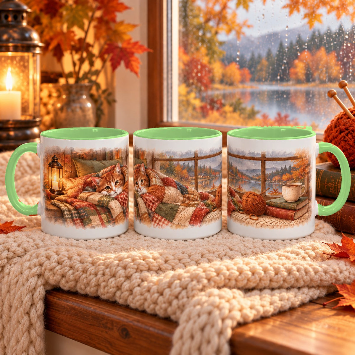 Cottage Cat in Blanket mug, light green inside and handle, 11oz, three views of the full wrap