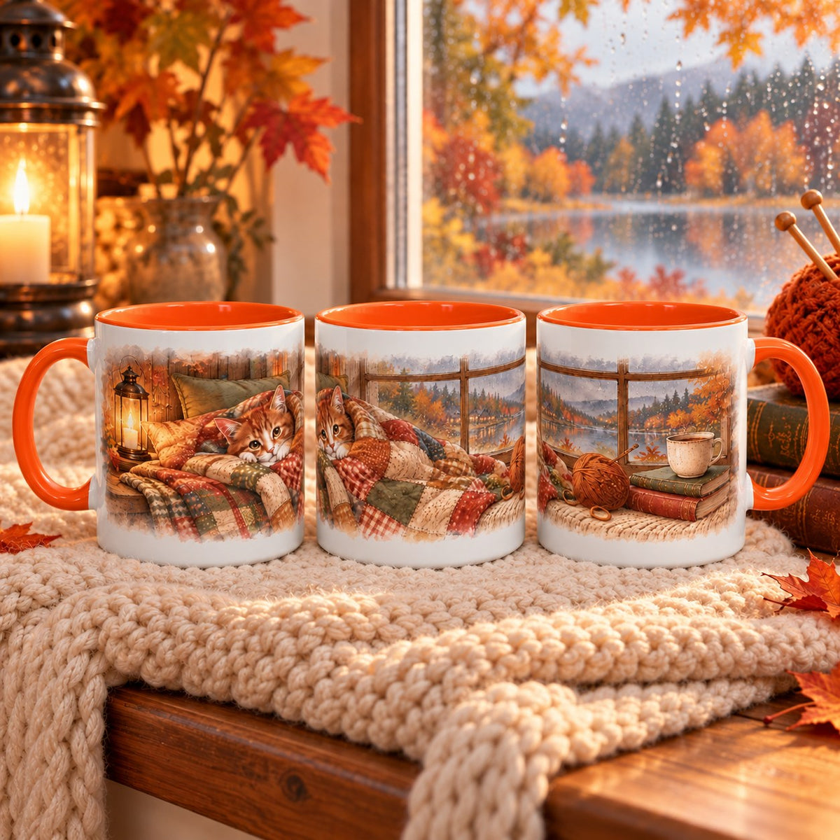 Cottage Cat in Blanket mug, orange inside and handle, 11oz, three views of the full wrap