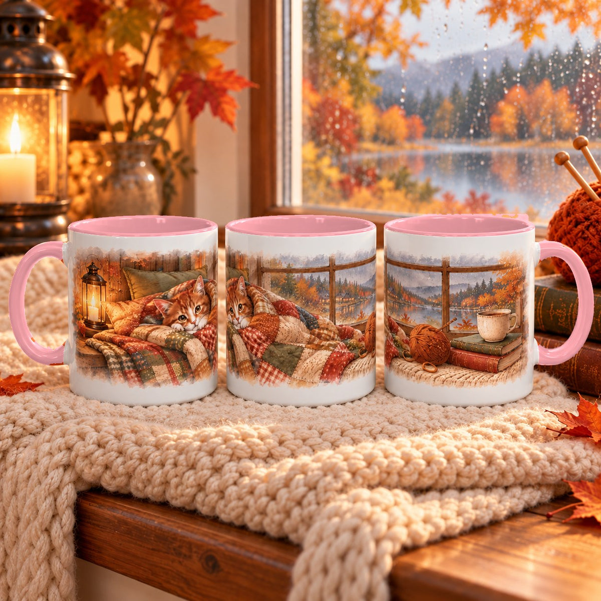 Cottage Cat in Blanket mug, pink inside and handle, 11oz, three views of the full wrap