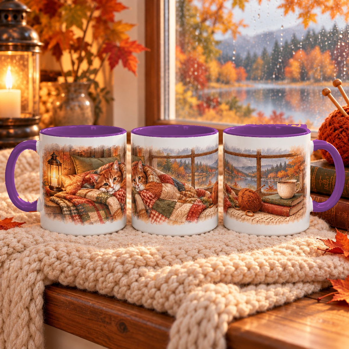 Cottage Cat in Blanket mug, purple inside and handle, 11oz, three views of the full wrap