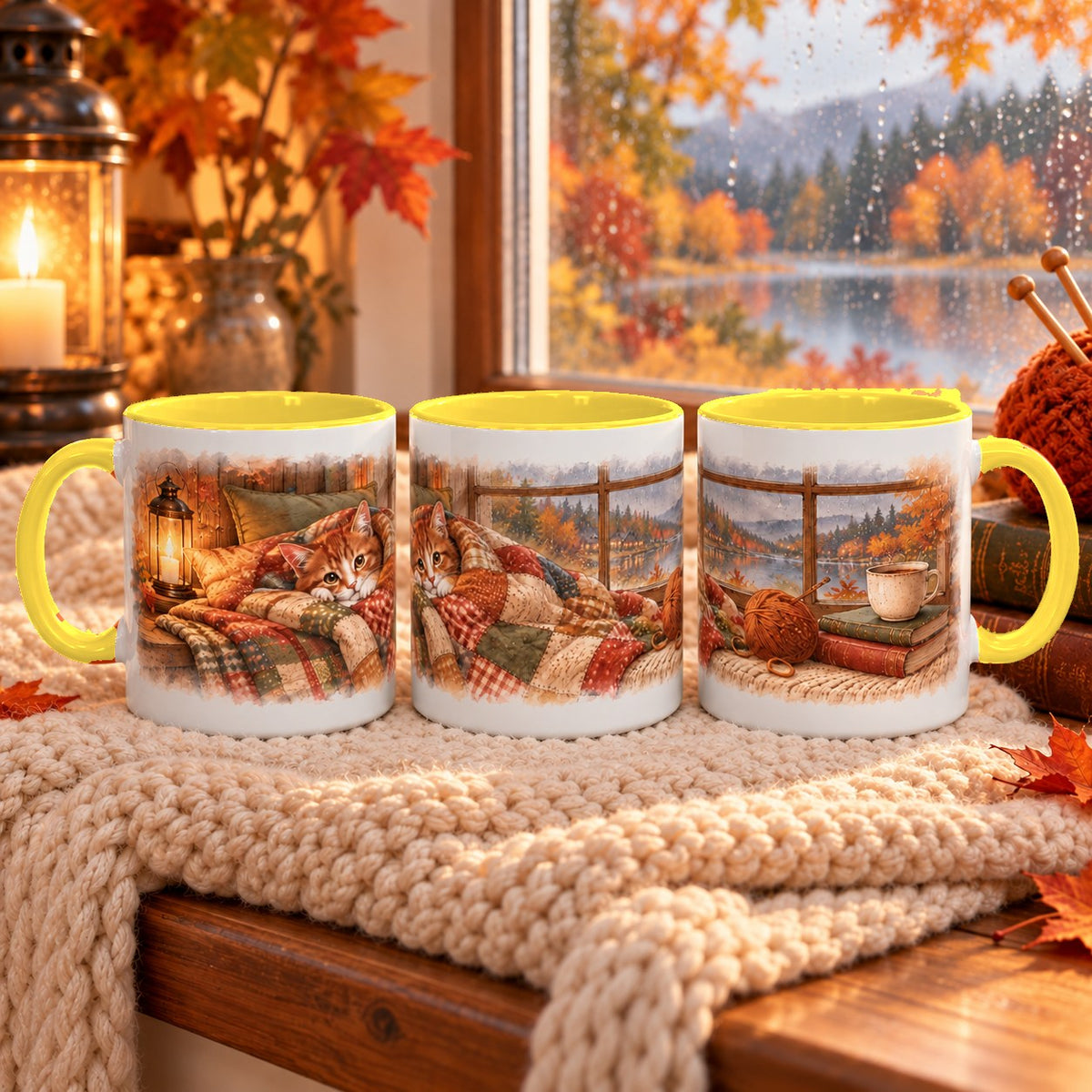 Cottage Cat in Blanket mug, yellow inside and handle, 11oz, three views of the full wrap