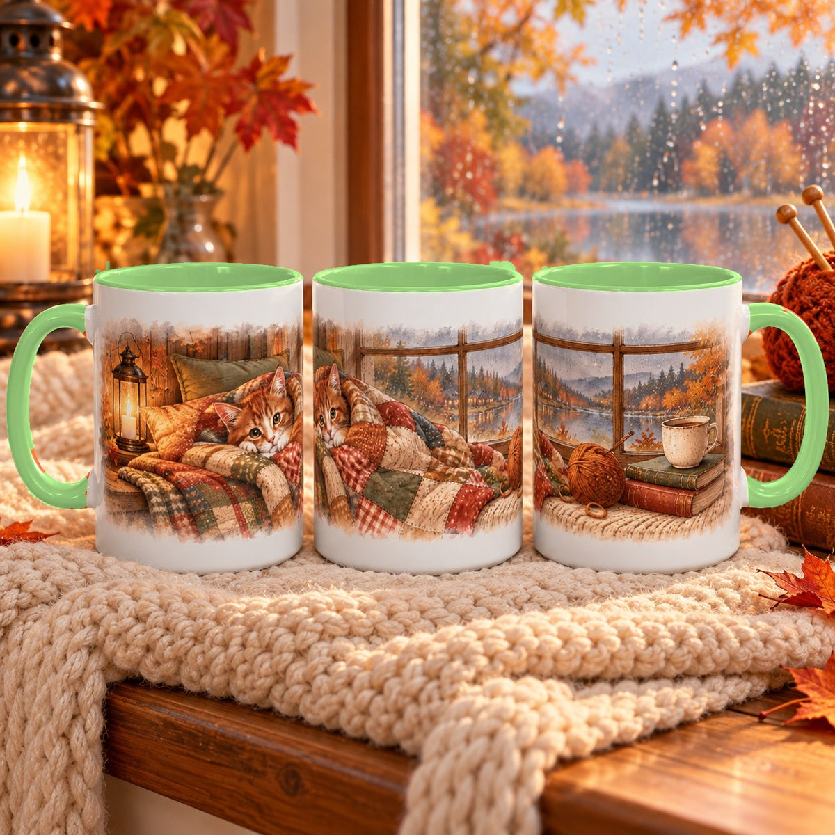 Cottage Cat in Blanket mug, light green inside and handle, 15oz, three views of the full wrap