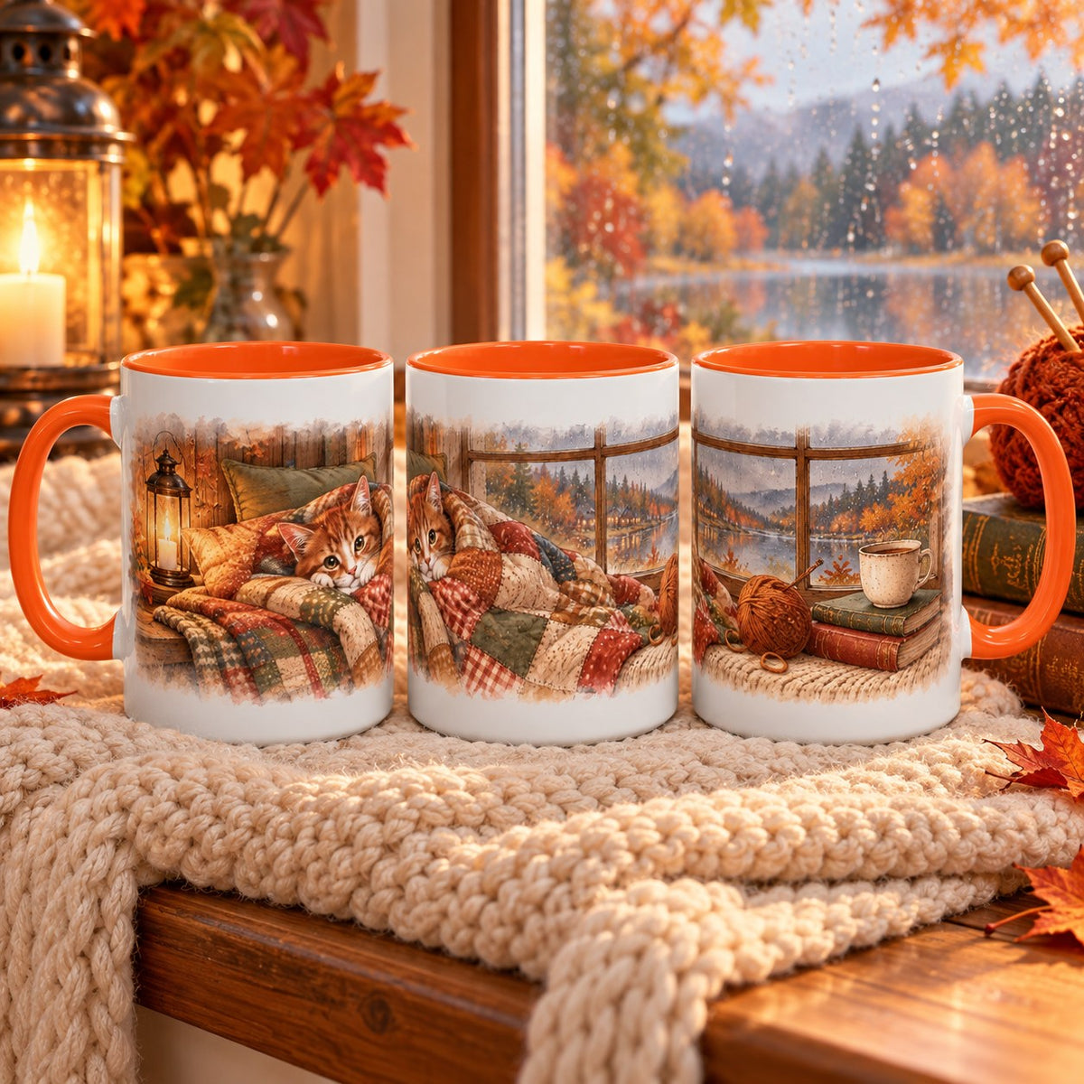 Cottage Cat in Blanket mug, orange inside and handle, 15oz, three views of the full wrap