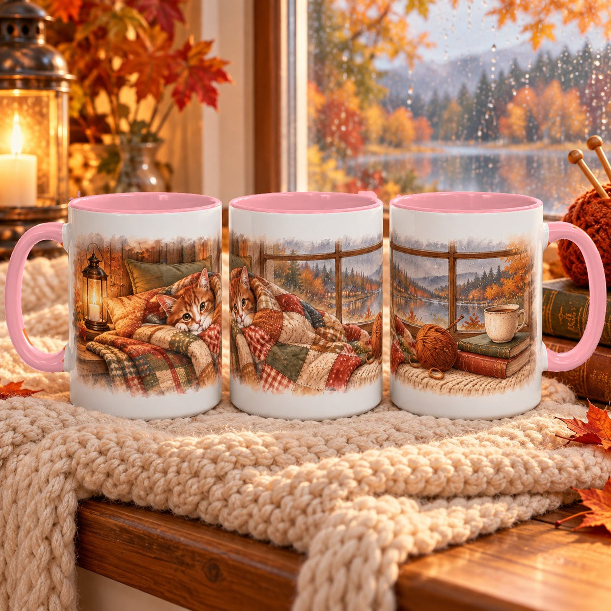 Cottage Cat in Blanket mug, pink inside and handle, 15oz, three views of the full wrap