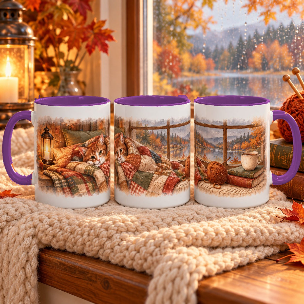 Cottage Cat in Blanket mug, purple inside and handle, 15oz, three views of the full wrap