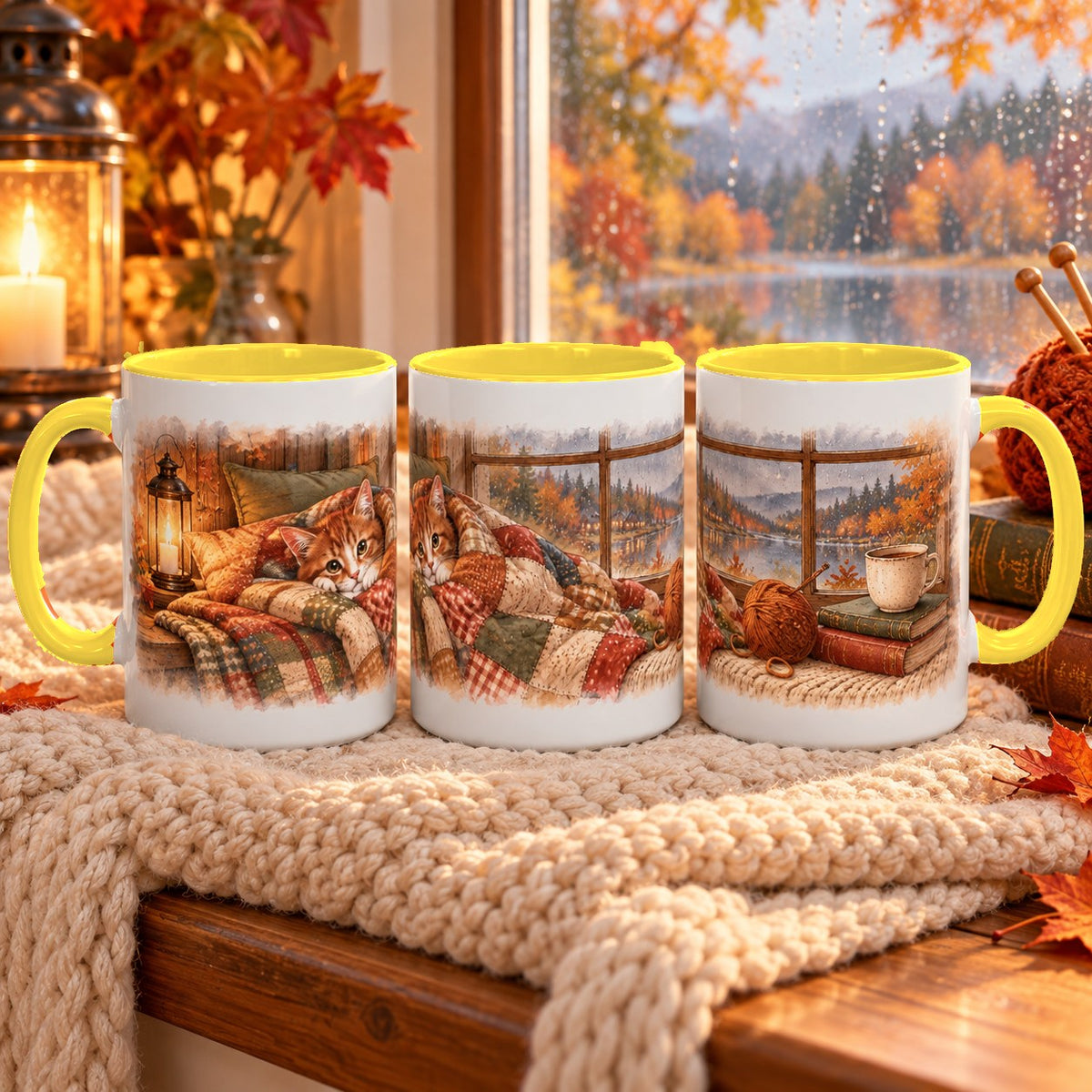 Cottage Cat in Blanket mug, yellow inside and handle, 15oz, three views of the full wrap