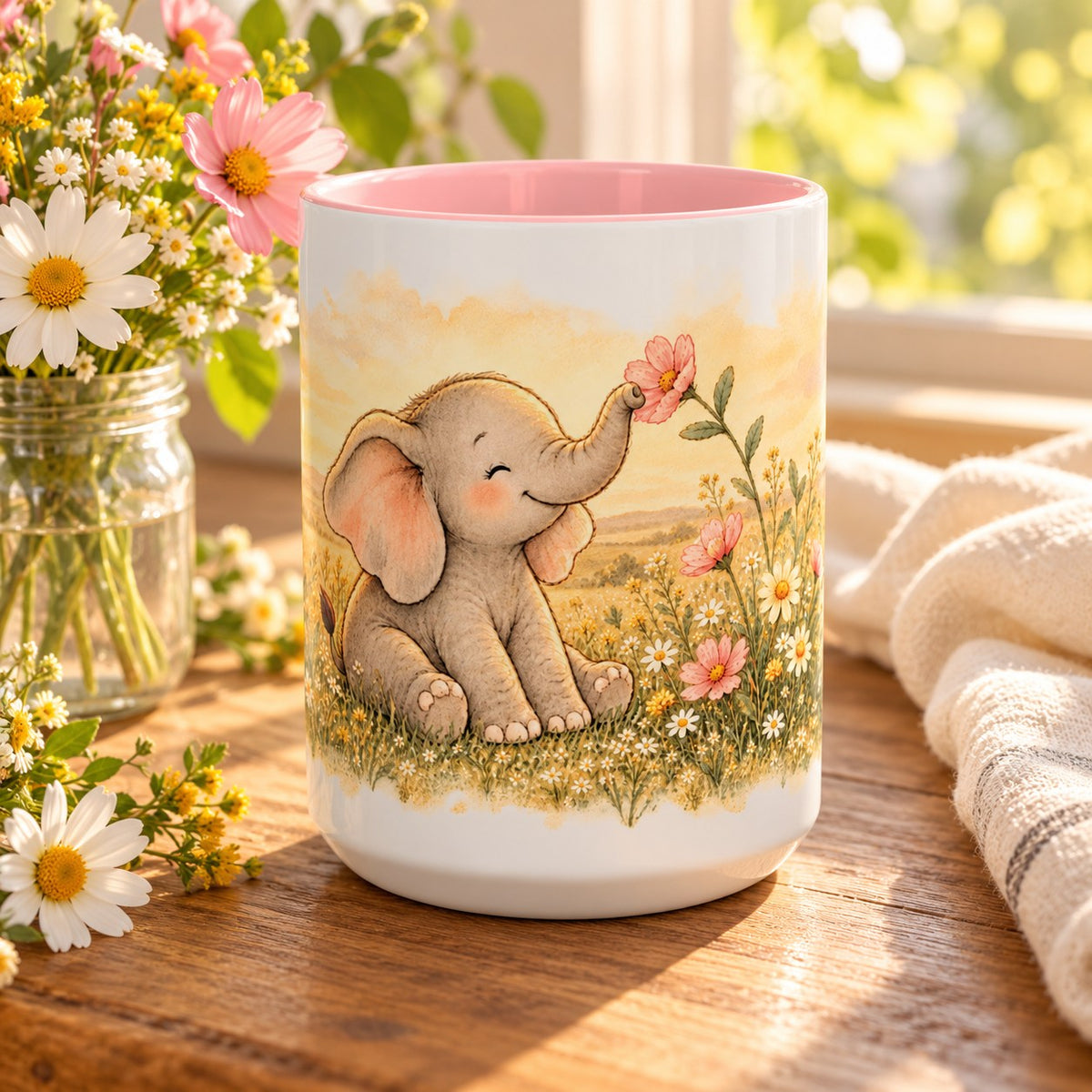 Elephant mug, pink inside and handle, 15oz, front view