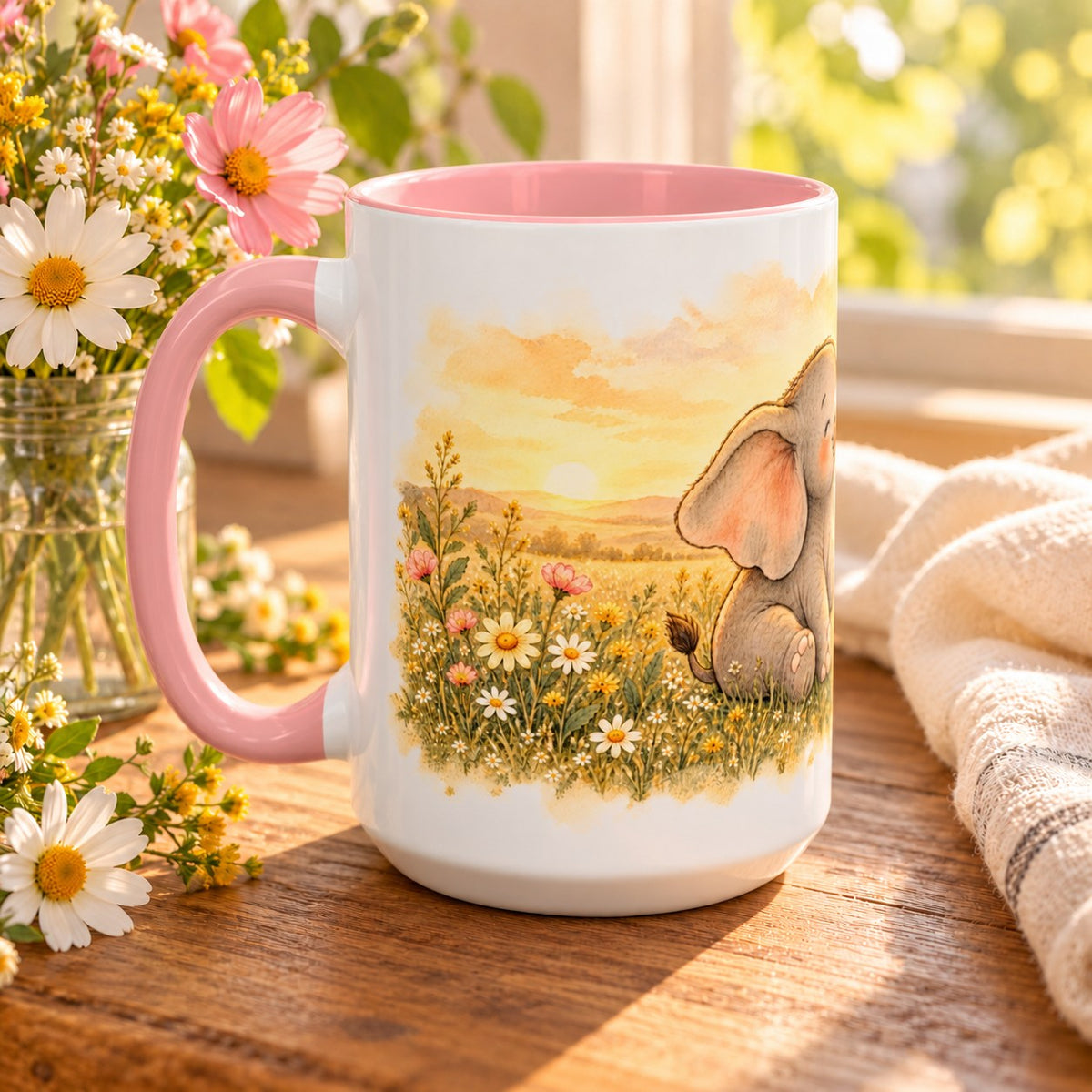 Elephant mug, pink inside and handle, 15oz, handle view