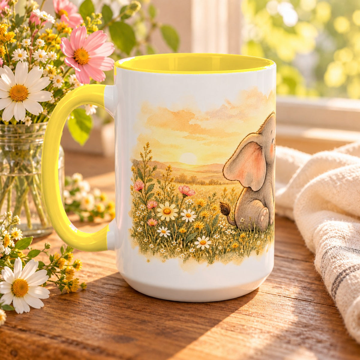 Elephant mug, yellow inside and handle, 15oz, handle view