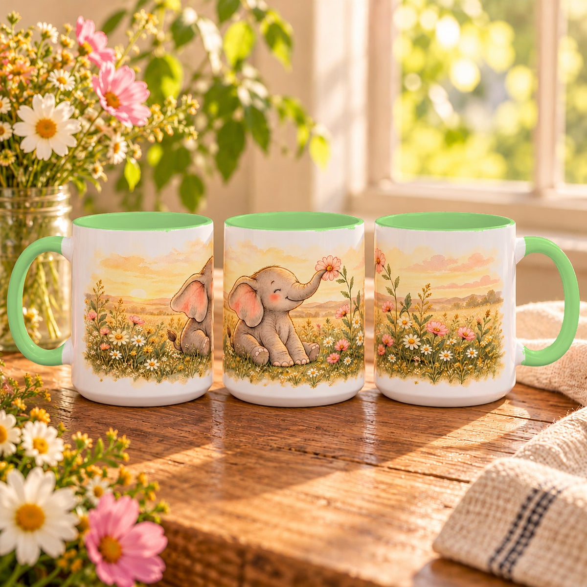 Elephant mug, light green inside and handle, 11oz, three views of the full wrap