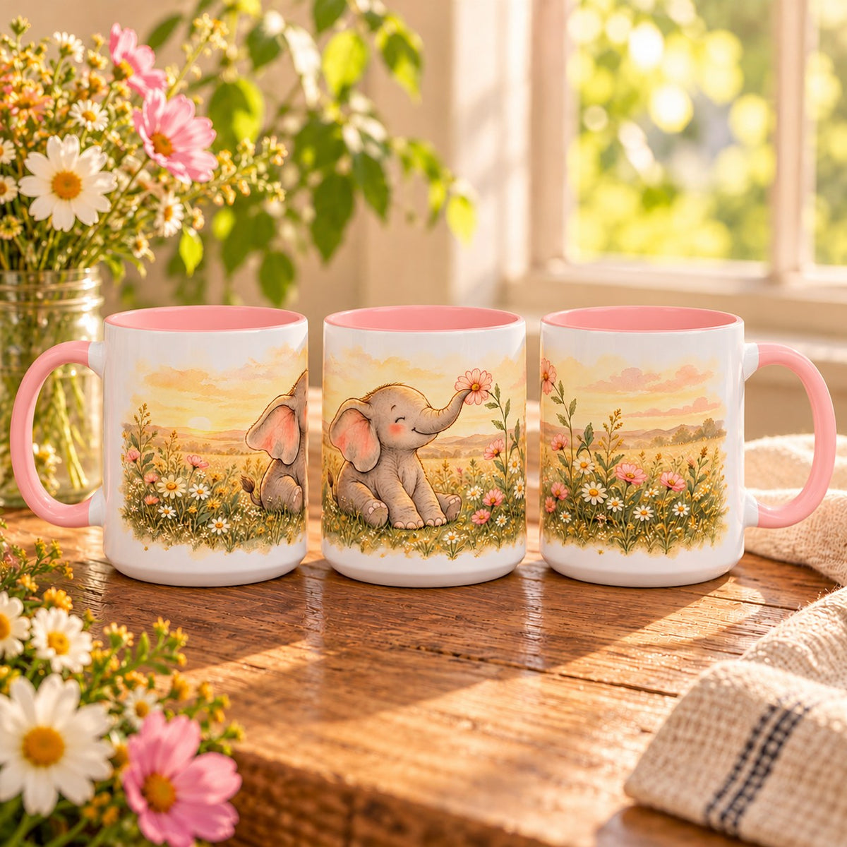 Elephant mug, pink inside and handle, 11oz, three views of the full wrap