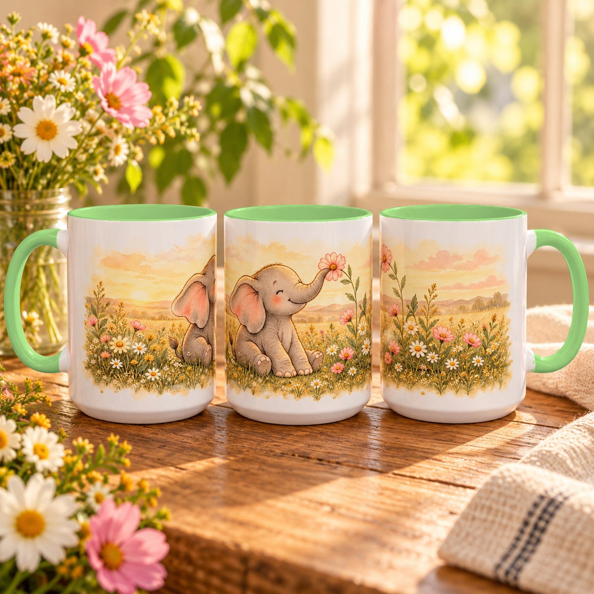 Elephant mug, light green inside and handle, 15oz, three views of the full wrap