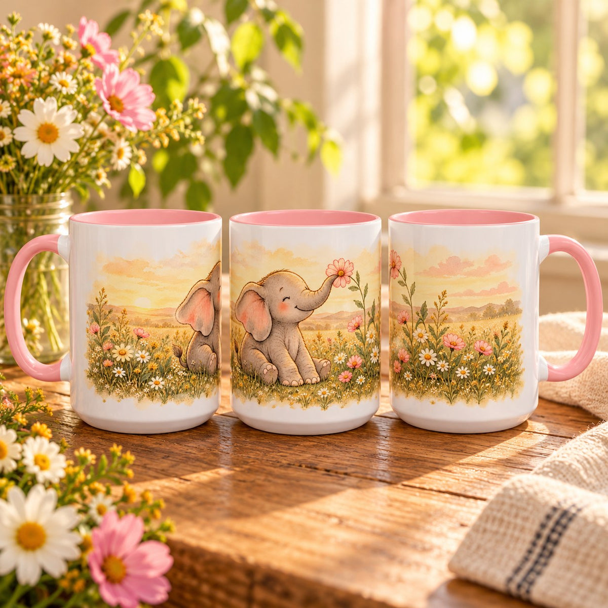 Elephant mug, pink inside and handle, 15oz, three views of the full wrap