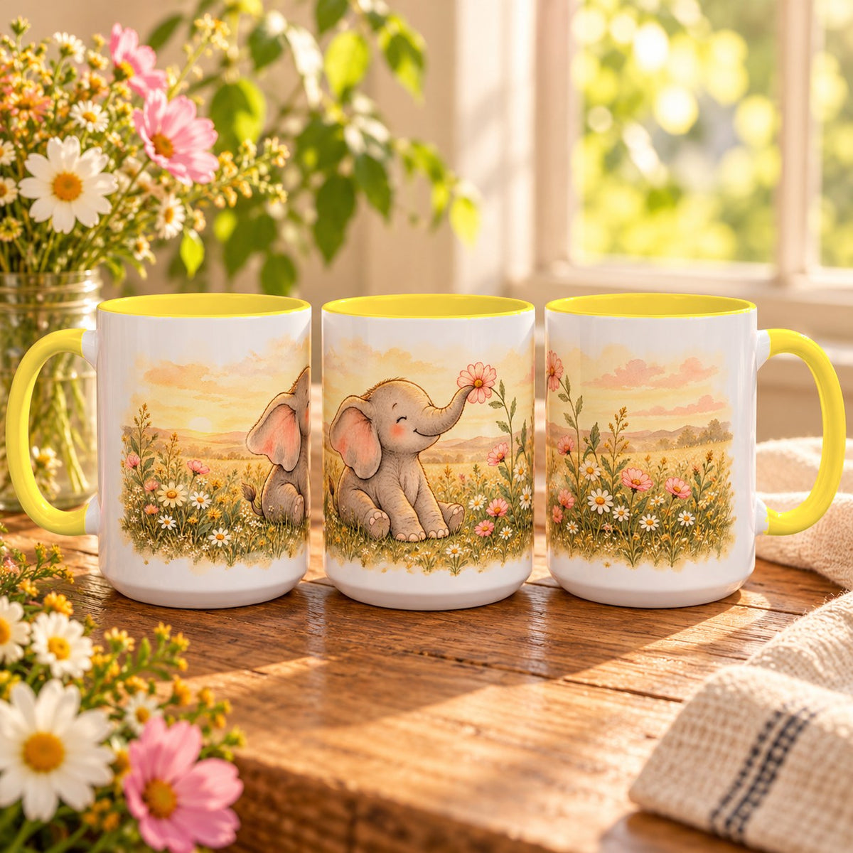 Elephant mug, yellow inside and handle, 15oz, three views of the full wrap