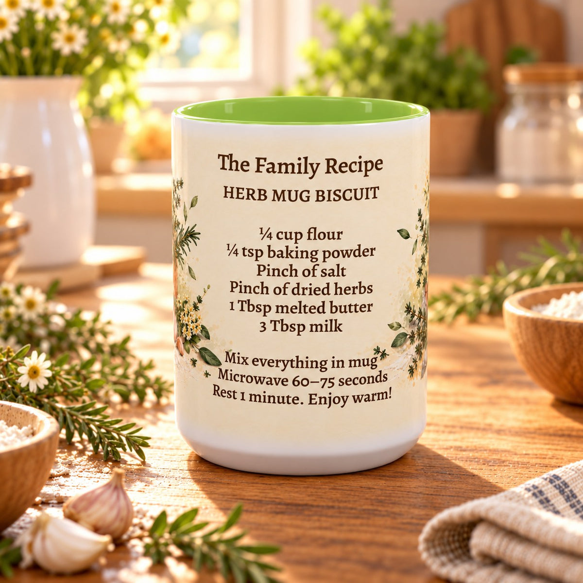 Family Recipe Keepsake mug, light green inside and handle, 15oz, front view