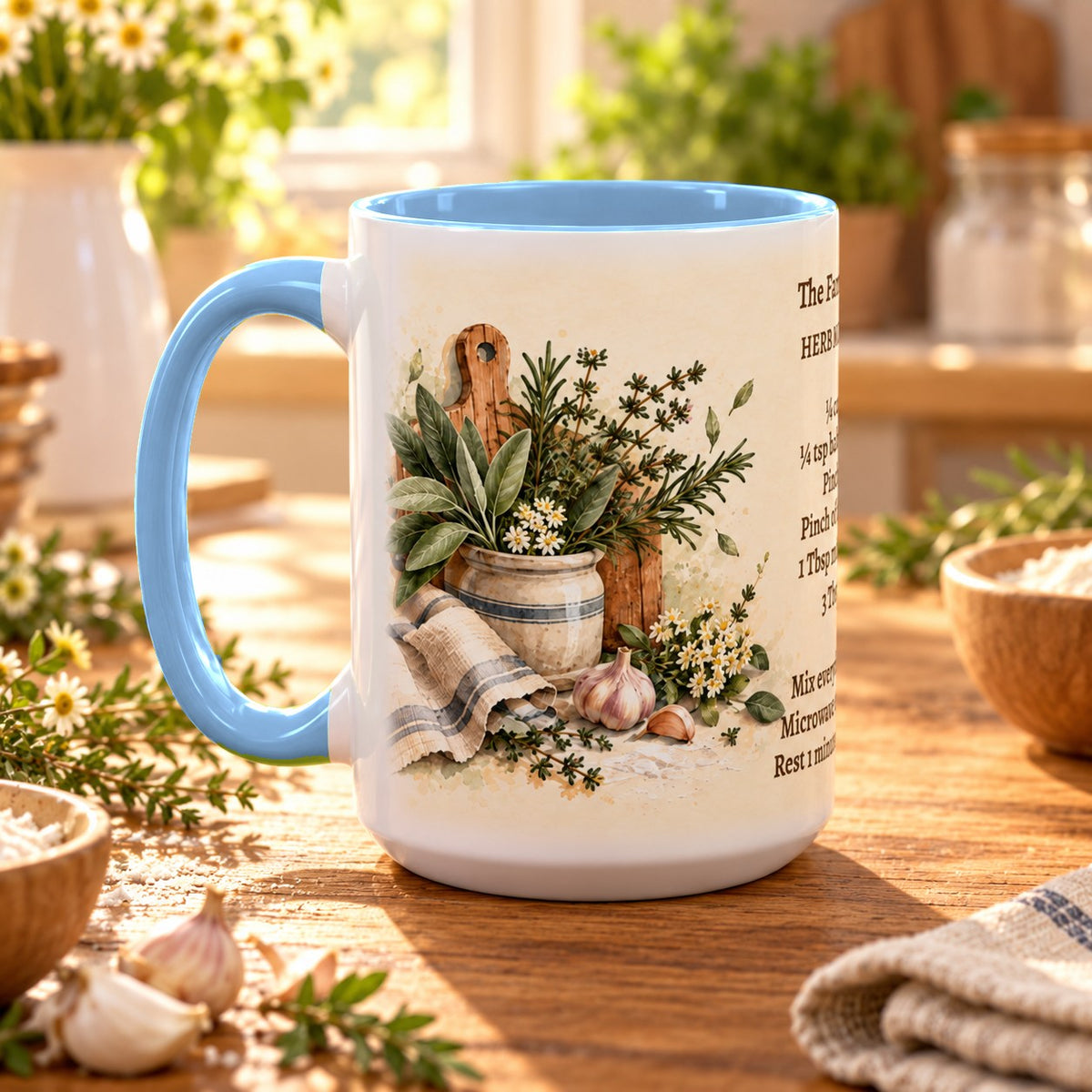 Family Recipe Keepsake mug, light blue inside and handle, 15oz, handle view